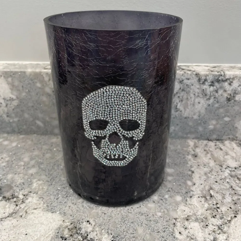 Yankee Candle Crackle Rhinestone Skull Halloween Glass Cylinder Candle Holder